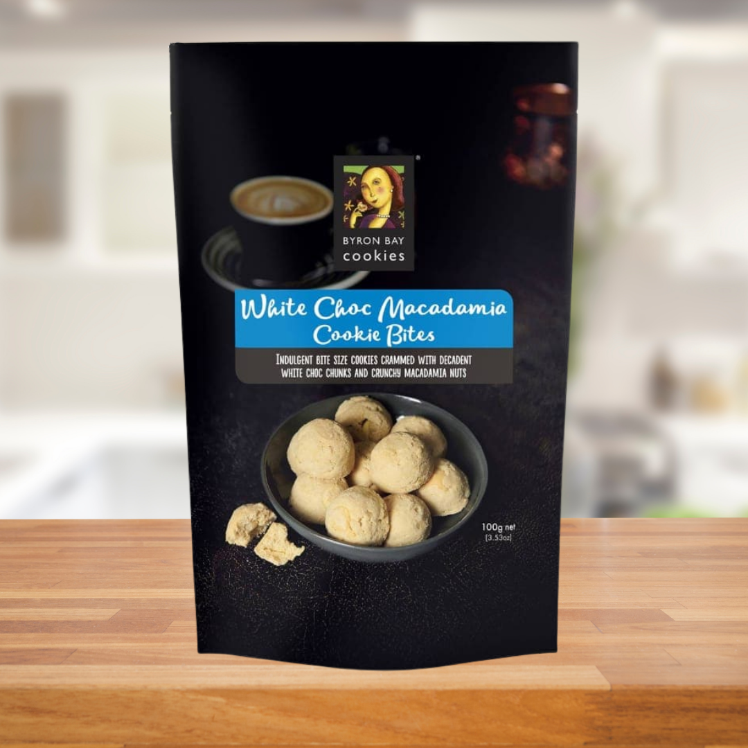 BYRON BAY COOKIES WHITE CHOC MACADAMIA BITES COOKIE POUCH 100G