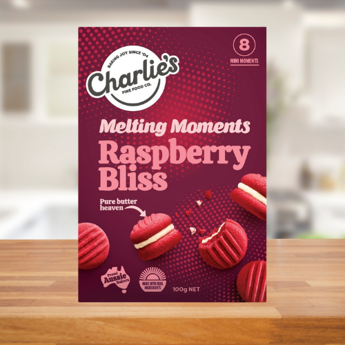 CHARLIE'S FINE FOODS RASPBERRY BLISS MINI MELTING MOMENTS 100G