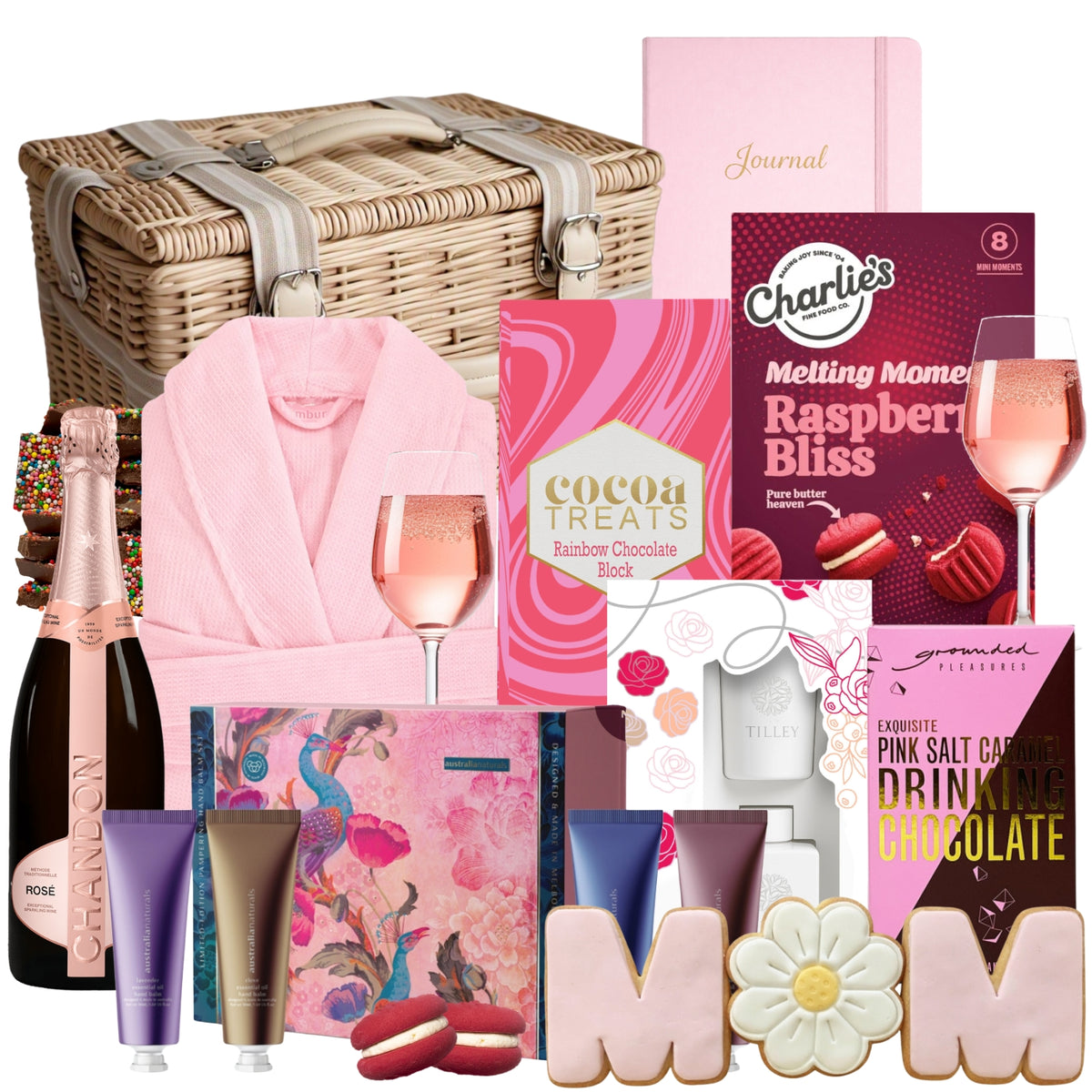 Gourmet gift basket with champagne, chocolates, and bathrobe on a white background