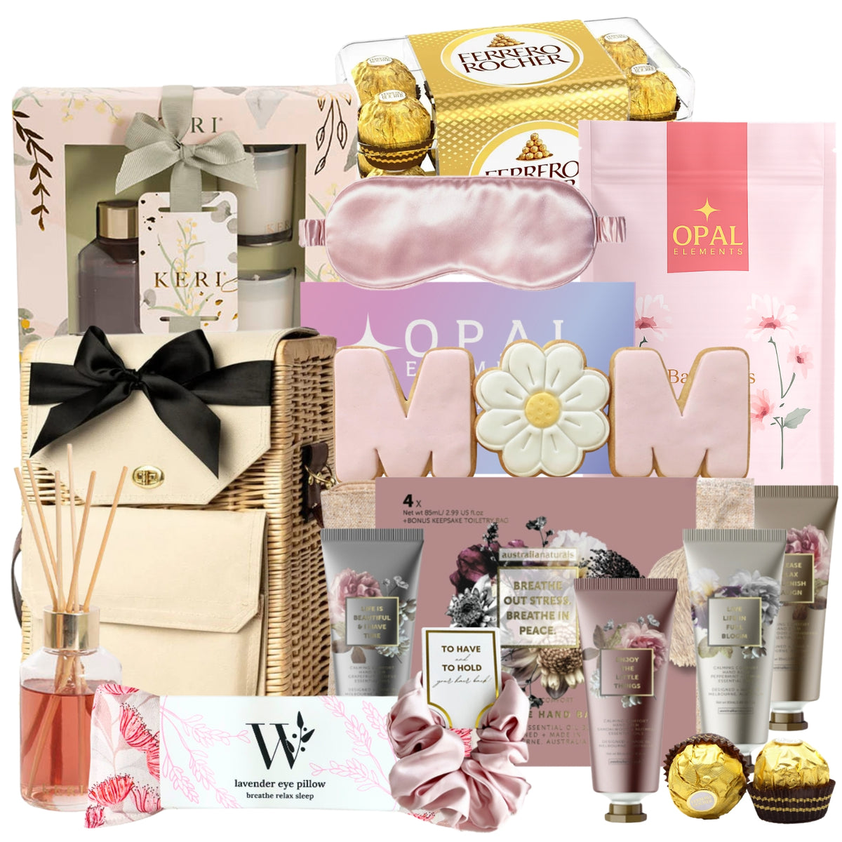 Gourmet gift basket with tea, chocolate, and skincare products on a white background