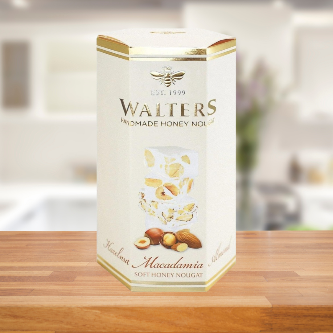 WALTERS ASSORTED HAZEL NUT MACADEMIA & ALMOND NOUGAT BOX 120G