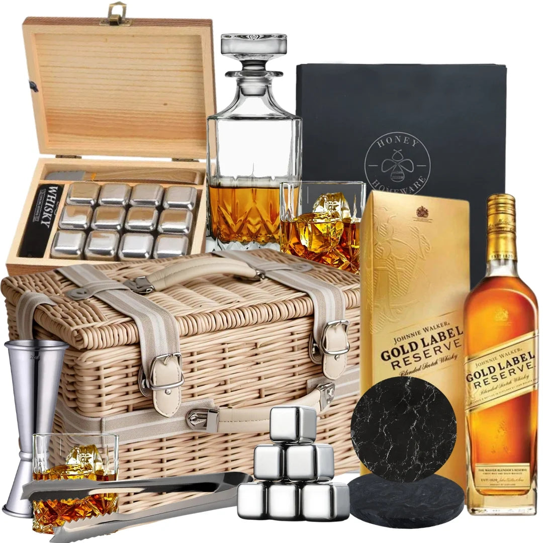 Johnnie Walker Gold Label Reserve whisky gift hamper featuring a glass decanter set, whisky ice gift set, and marble coasters