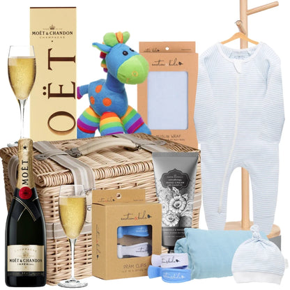 Baby gift basket with champagne, toys, and baby clothes on a white background