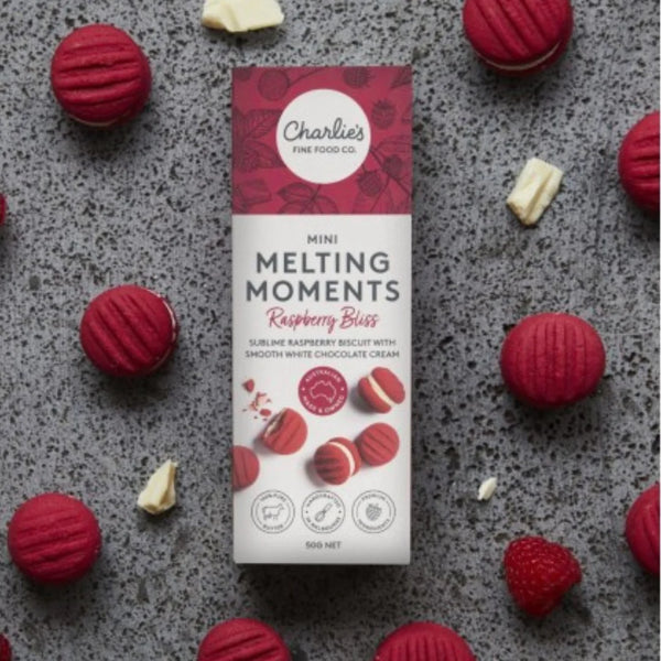 CHARLIE'S FINE FOODS RASPBERRY BLISS MINI MELTING MOMENTS 50G