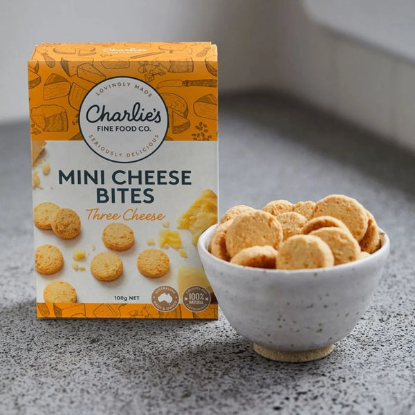CHARLIE'S FINE FOODS THREE CHEESE MINI CHEESE BITES 100G
