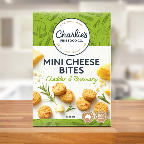 CHARLIE'S FINE FOODS CHEDDAR & ROSEMARY MINI CHEESE BITES 100G