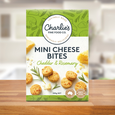 CHARLIE'S FINE FOODS CHEDDAR & ROSEMARY MINI CHEESE BITES 100G