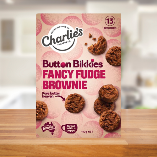 CHARLIE'S FINE FOODS FANCY FUDGE BROWNIE MINI BUTTON BIKKIES 100G