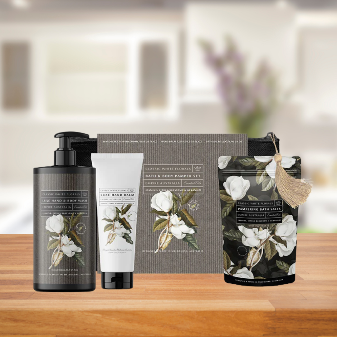 EMPIRE AUSTRALIA CLASSIC WHITE FLORAL BATH AND BODY PAMPMER SET