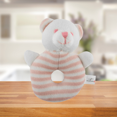 Emotion & Kids White and Pink Stripe Bear Rattle