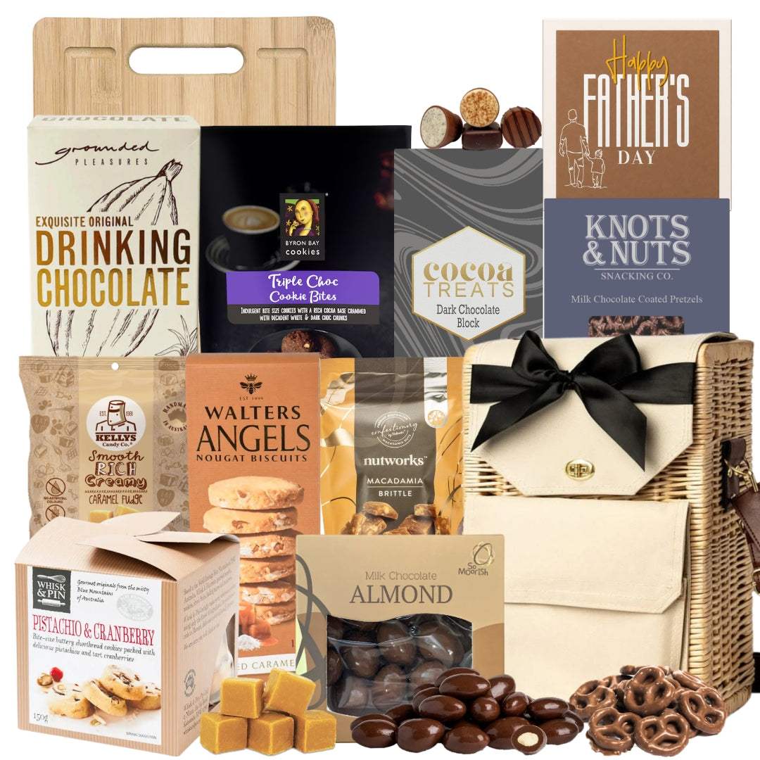 A Father's Day chocolate gift hamper featuring an assortment of gourmet chocolates, snacks, and treats from brands like Gourmet, Walters Angels, Nutworks, and Cocoa Treats, arranged in a wicker basket with a black ribbon.