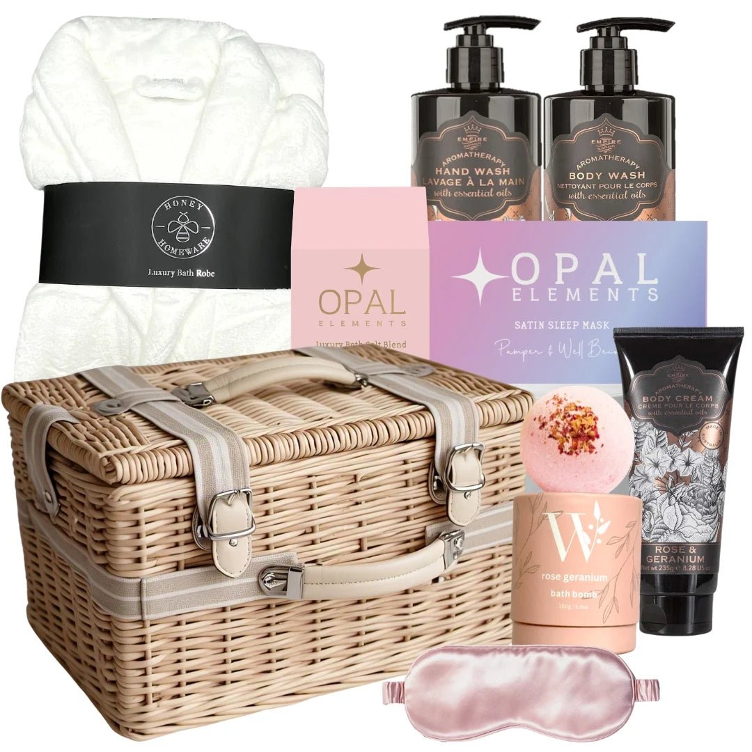 Gourmet basket with Opal Elements products, including a blanket, bath items, and a sleep mask.