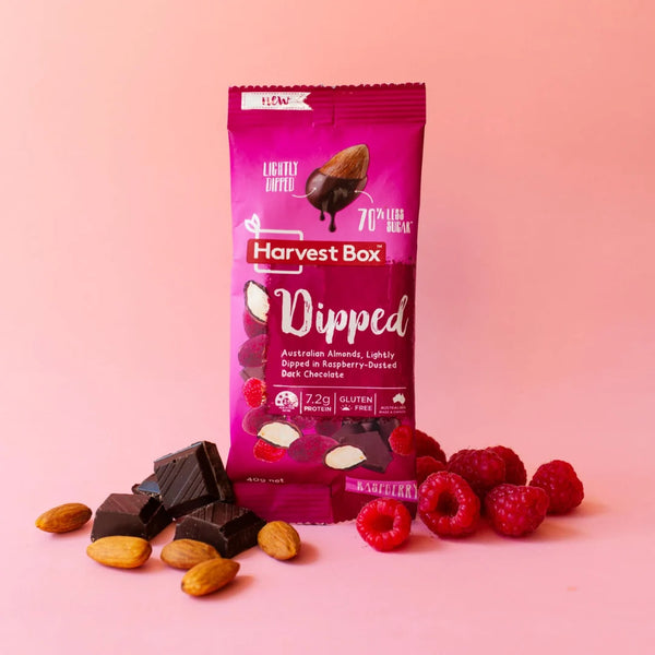 HARVEST BOX DIPPED RASPBERRY DARK CHOC ALMONDS 40G