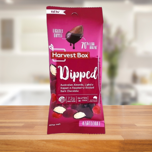 HARVEST BOX DIPPED RASPBERRY DARK CHOC ALMONDS 40G
