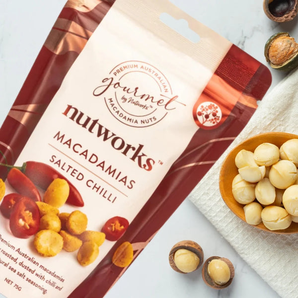 NUTWORKS SALTED CHILLI MACADAMIAS 75G