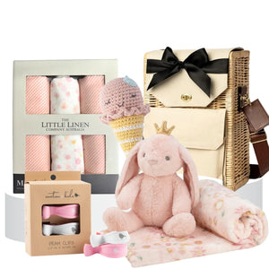 Collection of baby products including a plush bunny, wicker basket, and baby items in packaging on a white background.