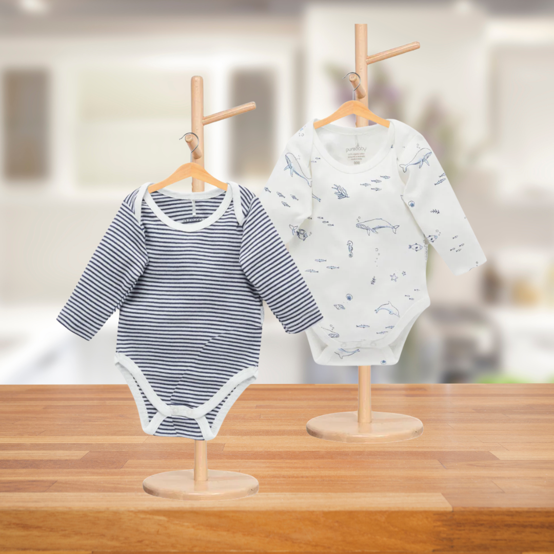 Pure Baby Easy Neck L/s Bodysuit Vanilla Nautical 2 Pack