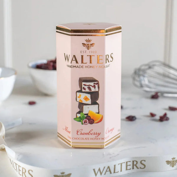 WALTERS ASSORTED DARK CHOCOLATE MINT CRANBERRY & ORANGE NOUGAT BOX 120G