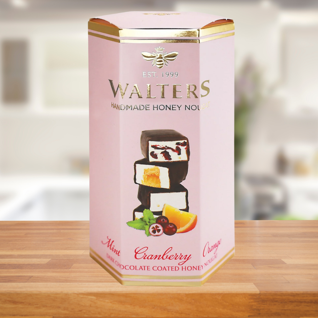 WALTERS ASSORTED DARK CHOCOLATE MINT CRANBERRY & ORANGE NOUGAT BOX 120G