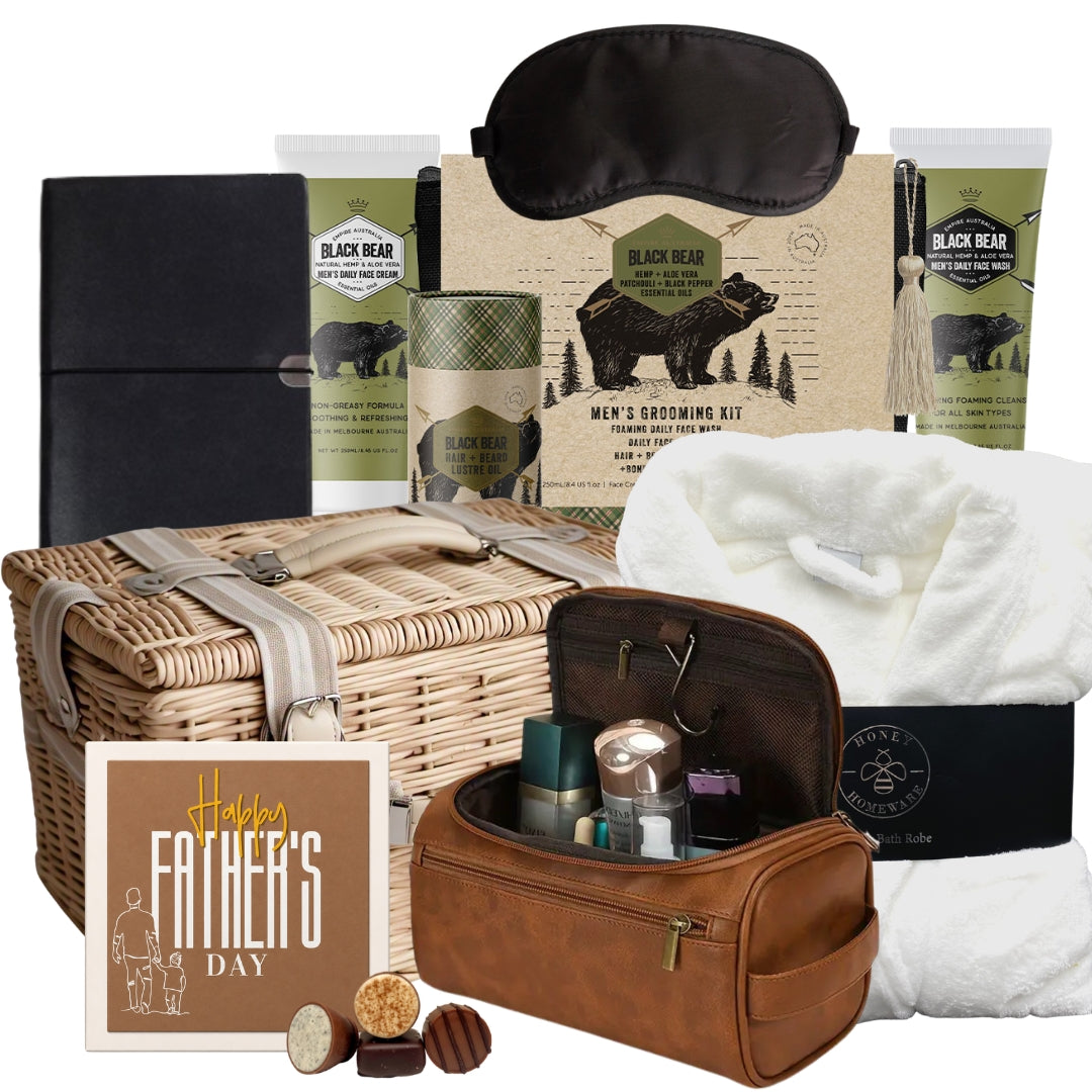Luxury men’s gift basket featuring a bathrobe, hemp and aloe grooming products, eye mask, notebook, and toiletry bag
