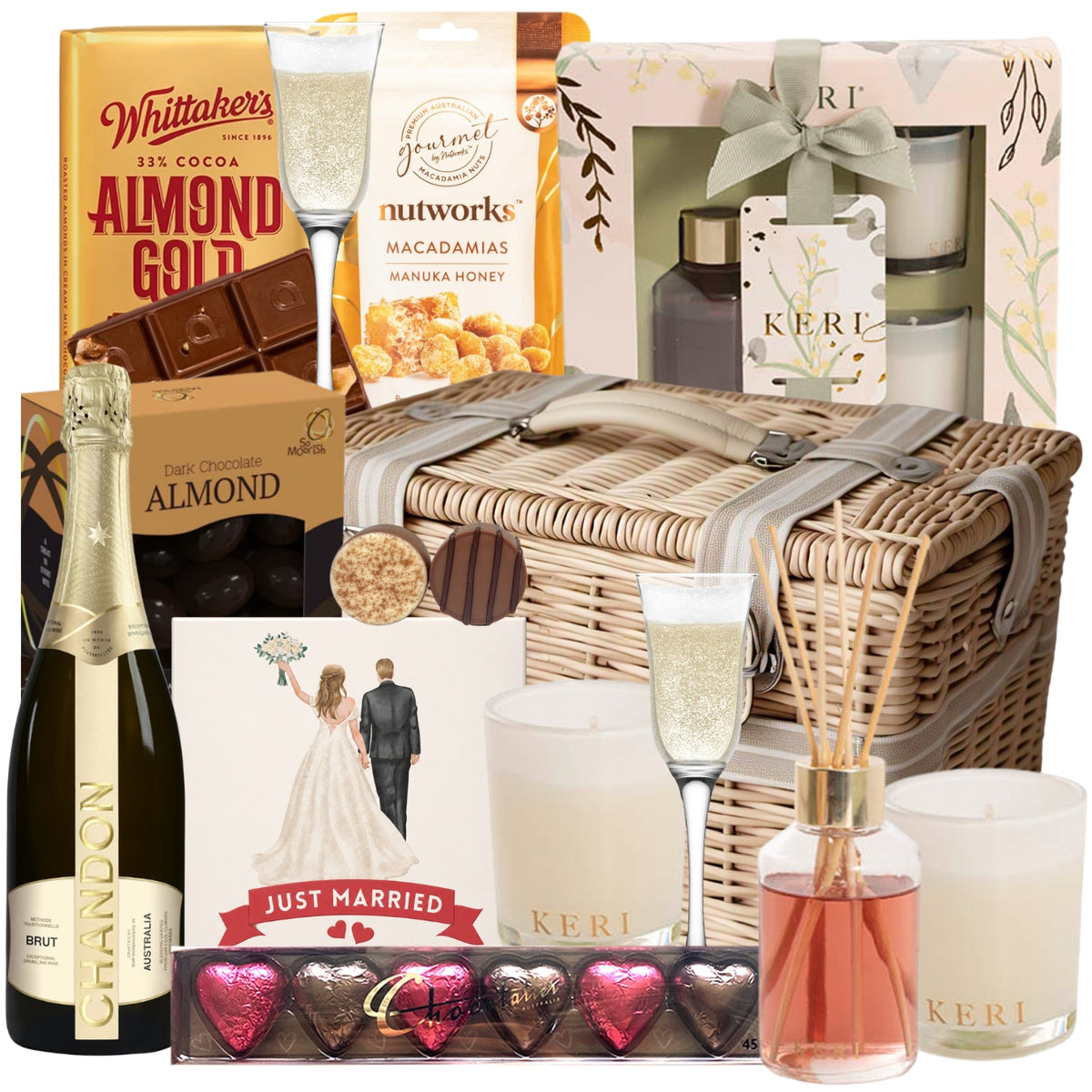 Wedding gift basket featuring Chandon Brut Sparkling, a jasmine fragrance set, chocolates, honey macadamias, and dark chocolate almonds
